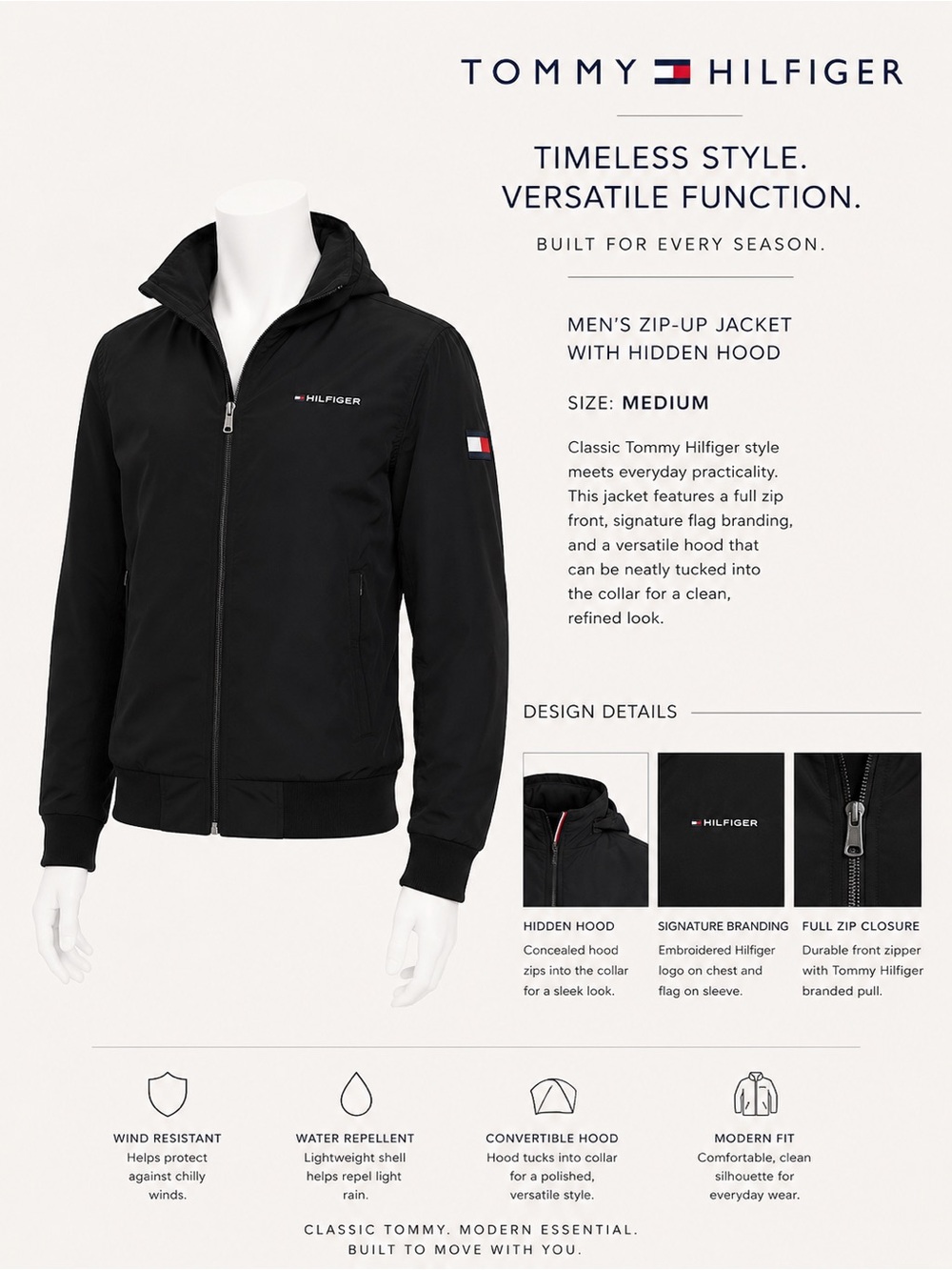 Tommy Hilfiger Black Hooded Bomber with Flag Patch